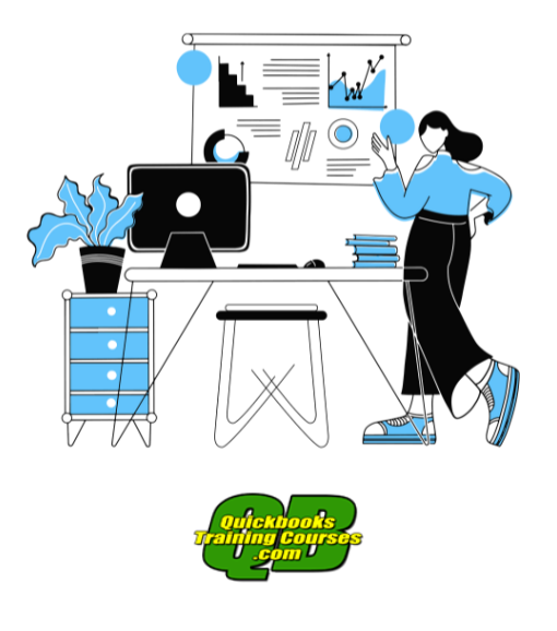 Illustration of Woman by a Laptop looking at projected charts. QuickBooks Training and Classes Tampa, St. Petersburgh, Clearwater, Lakeland, Orlando, Kissimmee. 